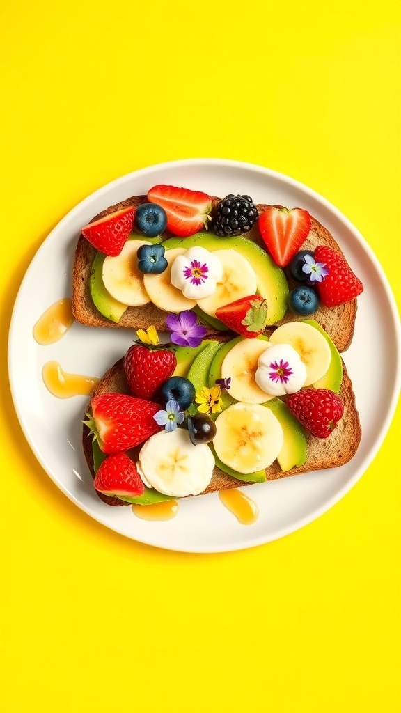 Colorful toast with avocado, berries, and banana, garnished with edible flowers on a bright plate.